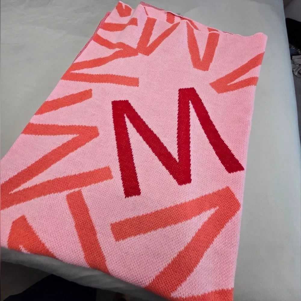 🩷🧡BaubleBar Custom Monogram Knit Blanket - Letter M or W Pink/Red/Orange